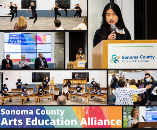 photo is collage of images from May 26 event, including student dancers, student poet, student marimba players, and speakers at a podium
